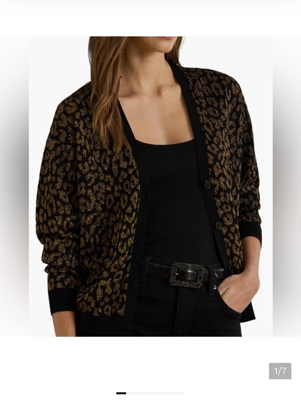 Ralph Lauren Black Cardigan with Metallic Gold Leopard Print